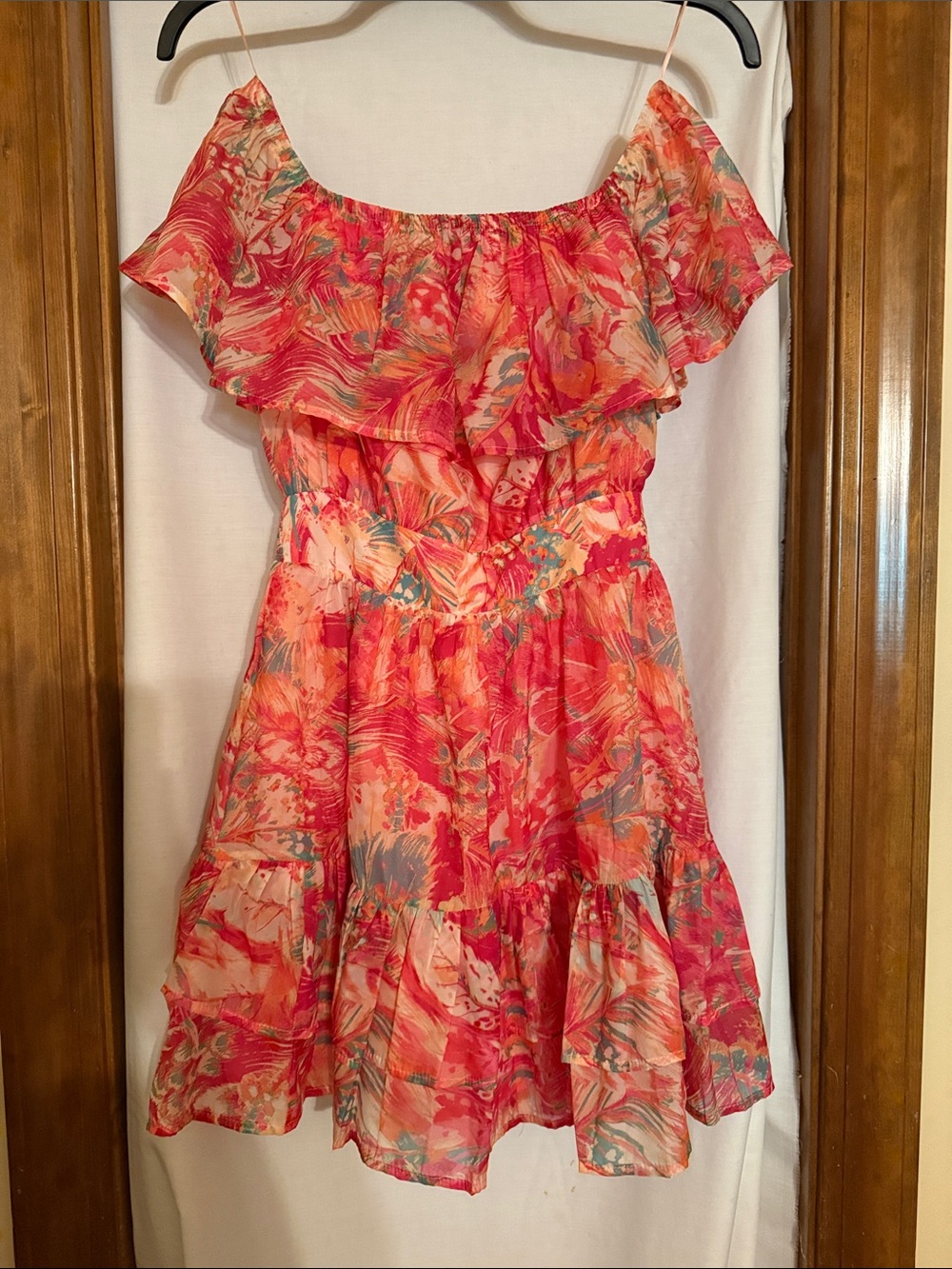 Flying Tomato Coral Multiprint Ruffled Off-Shoulder Mini Dress